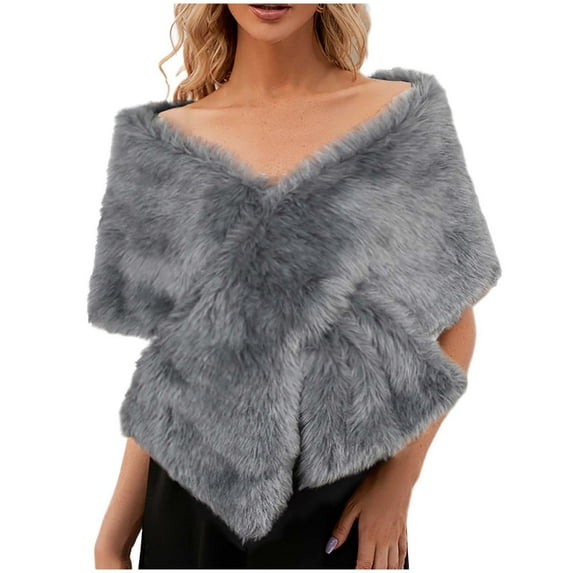 Xfvqtps Womens Fur Shawls Solid Color Fluffy Plush Open Front Poncho Christmas Gift Elegant Comfortable Thickened Warm Bridal Wedding Party Winter Pashmina Dark Gray-01