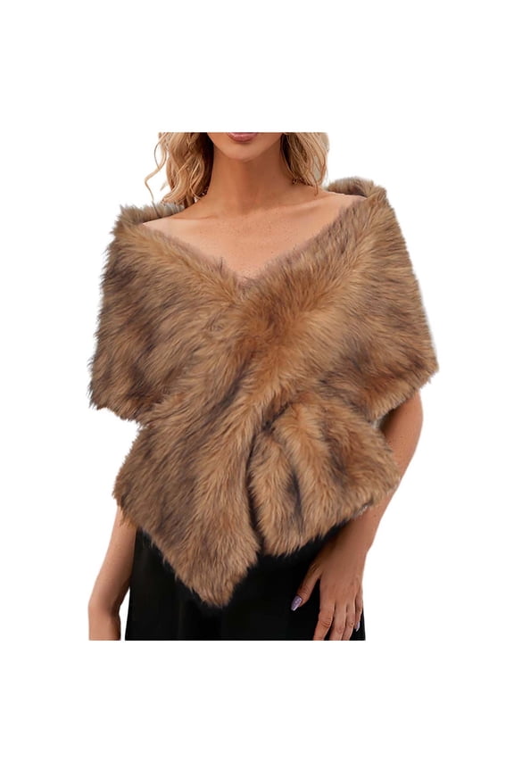 Womens Fur Shawls Solid Color Fluffy Plush Open Front Poncho Elegant Comfortable Thickened Warm Winter Bridal Wedding Party Pashmina Brown