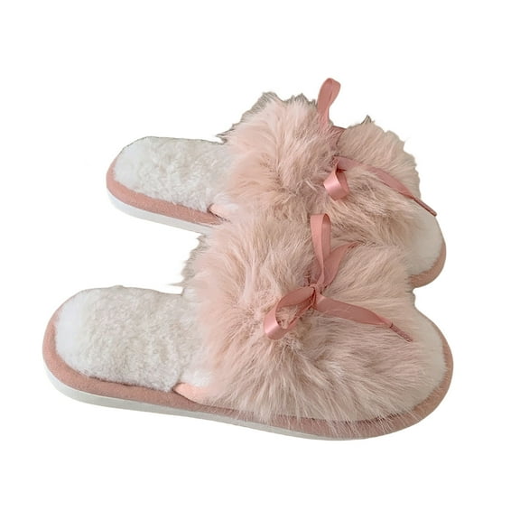 Xfvqtps Womens Furry Slippers Fluffy Plush Bowknot Lace Memory Foam Soft Sole Comfortable Non-Slip Warm Winter Home Slippers Pink