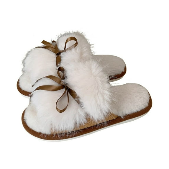 Xfvqtps Womens Furry Slippers Fluffy Plush Bowknot Lace Memory Foam Soft Sole Comfortable Non-Slip Warm Winter Home Slippers White