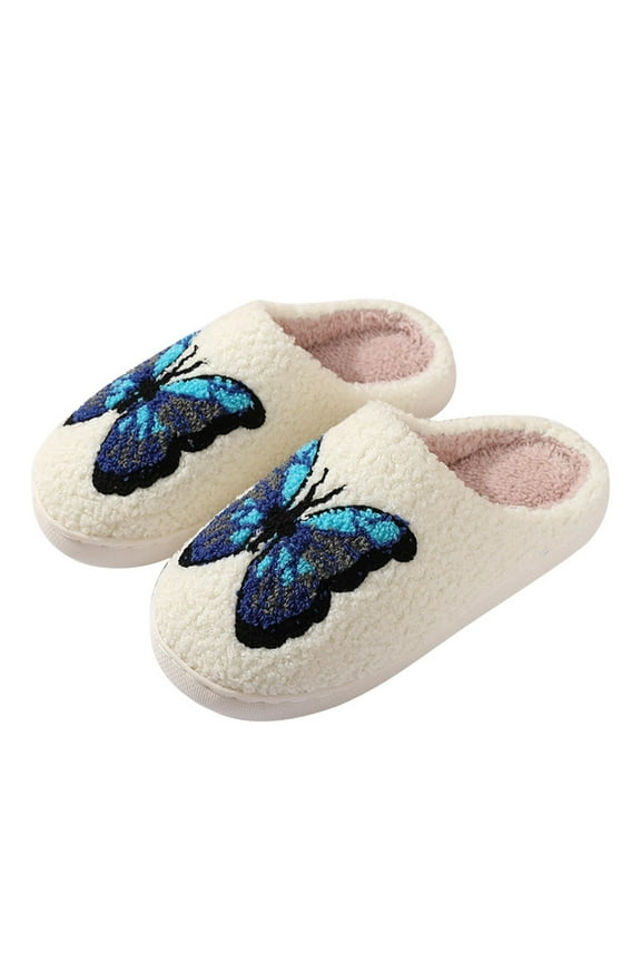 Womens Furry Slippers Large Size Soft Fleece Beautiful Butterfly Memory Foam Soft Sole Comfortable Non-Slip Warm Winter Home Slippers White