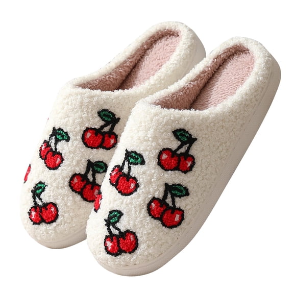 Xfvqtps Womens Furry Slippers Large Size Soft Fleece Cute Cartoon Fruits Cherry Memory Foam Soft Sole Comfortable Non-Slip Warm Winter Home Slippers Red
