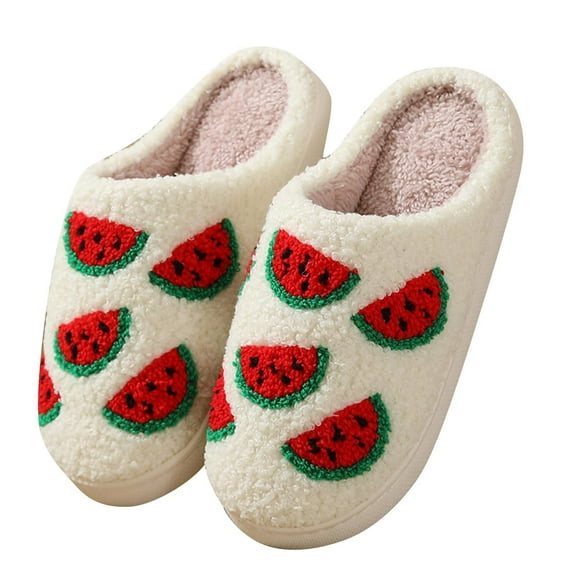 Xfvqtps Womens Furry Slippers Large Size Soft Fleece Cute Cartoon Fruits Watermelon Memory Foam Soft Sole Comfortable Non-Slip Warm Winter Home Slippers Watermelon Red