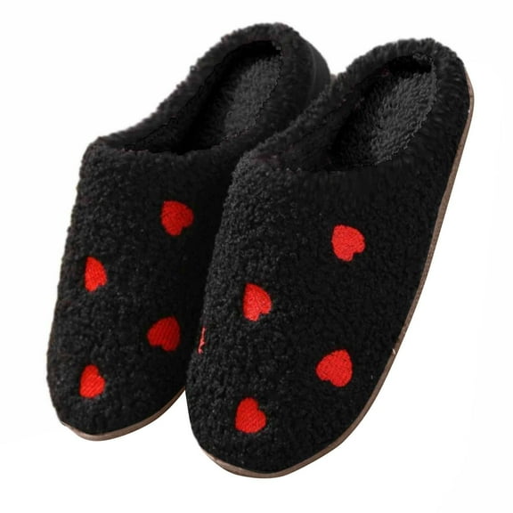 Xfvqtps Womens Furry Slippers Large Size Soft Fleece Cute Cartoon Love Memory Foam Soft Sole Comfortable Non-Slip Warm Winter Home Slippers Black