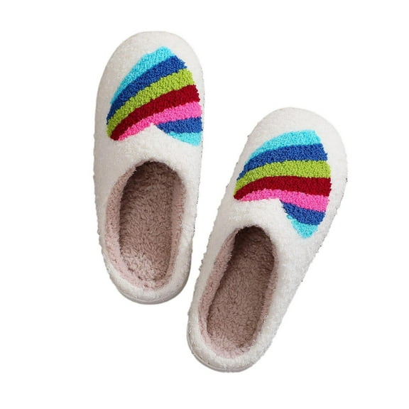 Xfvqtps Womens Furry Slippers Large Size Soft Fleece Cute Cartoon Rainbow Love Memory Foam Soft Sole Comfortable Non-Slip Warm Winter Home Slippers Multicolor