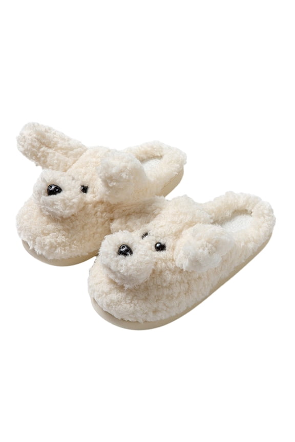 Womens Furry Slippers Soft Fleece Cute Animals Curly Puppy Memory Foam Soft Sole Comfortable Non-Slip Warm Winter Home Slippers White