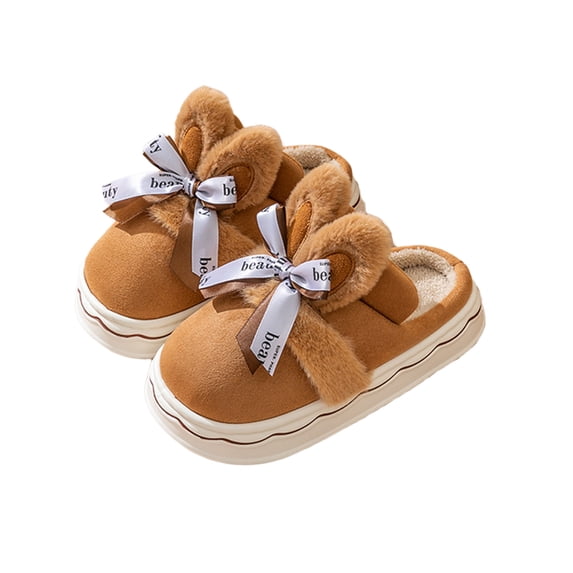Xfvqtps Womens Furry Slippers Suede Sole Plush Lining Cute Ears Bow Retro Thick Bottom Comfortable Non-Slip Warm Winter Indoor and Outdoor Slippers Brown