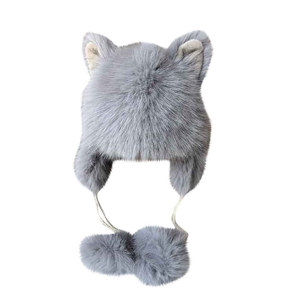 Xfvqtps Womens Fuzzy Beanie with Earmuff Cute Ears Plush Pompom Strap Fluffy Thickened Windproof Coldproof Outdoor Warm Winter Hat Gray