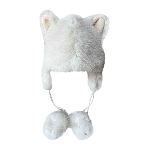 Xfvqtps Womens Fuzzy Beanie with Earmuff Cute Ears Plush Pompom Strap Fluffy Thickened Windproof Coldproof Outdoor Warm Winter Hat White
