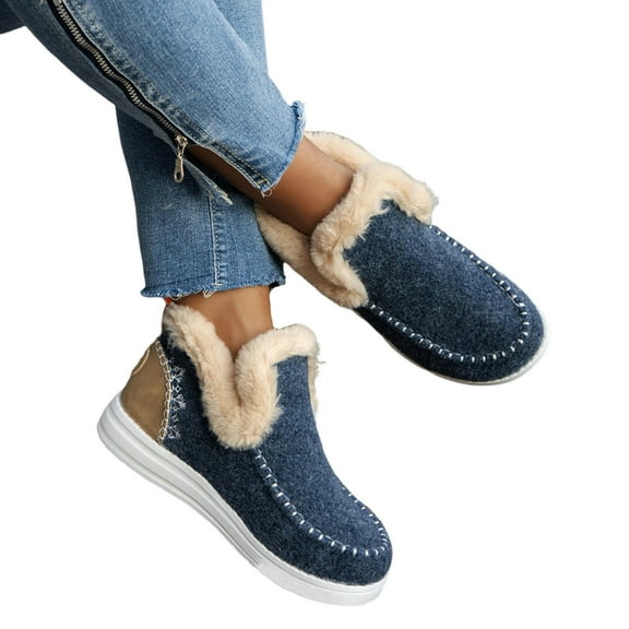 Xfvqtps Womens Fuzzy House Boots Soft Fleece Lined Slip on Winter Shoes Comfortable Indoor Outdoor Booties with Non Skid Sole Wide Width Available Blue