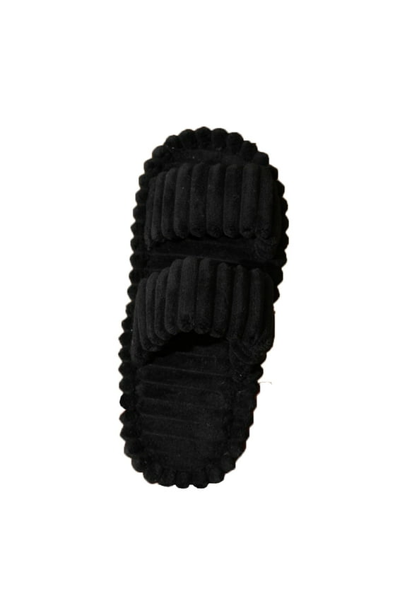 Womens Fuzzy Slippers Double Straps Open Toe Slip on Solid Color Simplicity Non Slip Cozy Indoor Outdoor House Warm Winter Fluffy Slippers Black