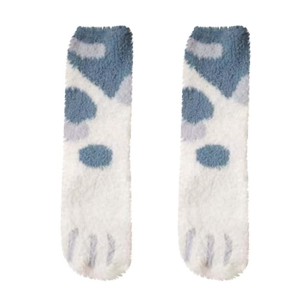 Xfvqtps Womens Fuzzy Socks Cute Socks Cat Paw Print Mid Tube Coral Fleece Thickened Comfortable Soft Indoor Sleep Cozy Warm Winter Fluffy Socks Blue-01