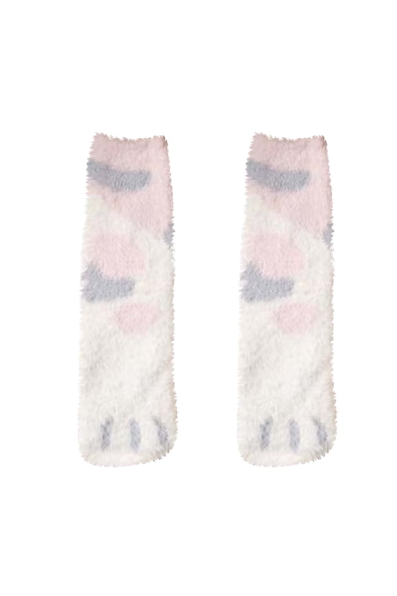 Womens Fuzzy Socks Cute Socks Cat Paw Print Mid Tube Coral Fleece Thickened Comfortable Soft Indoor Sleep Cozy Warm Winter Fluffy Socks Pink-02