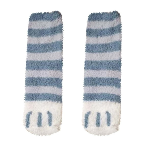 Xfvqtps Womens Fuzzy Socks Stripe Cat Paw Print Cute Socks Mid Tube Coral Fleece Thickened Comfortable Soft Indoor Sleep Cozy Warm Winter Fluffy Socks Blue