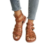 Xfvqtps Womens Gladiator Sandal Flat Open Toe Strap Ankle Double Buckle Slip on Solid Color Comfortable Non Slip Breathable Walking Sandals Brown