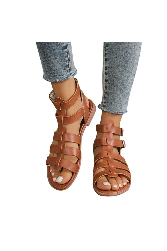 Womens Gladiator Sandal Flat Open Toe Strap Ankle Double Buckle Slip on Solid Color Comfortable Non Slip Breathable Walking Sandals Brown