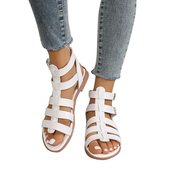 Xfvqtps Womens Gladiator Sandal Flat Open Toe Strap Ankle Double Buckle Slip on Solid Color Comfortable Non Slip Breathable Walking Sandals White