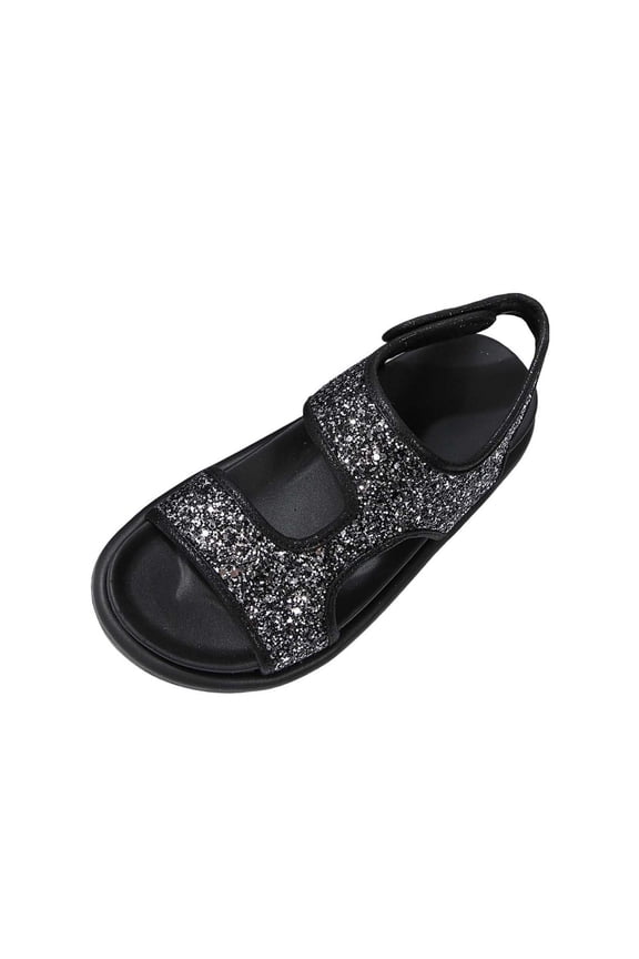 Womens Glitter Flat Sandals Slip on Slides Open Toe Hook and Loop Strap Casual Sandals with Cushioned Sole Sparkly Sandals