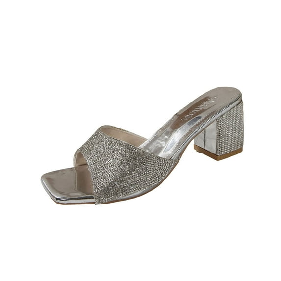 Xfvqtps Womens Glitter Mule Sandals Open Toe Block Heel Slide On Dress Sandals All Over Sparkle Party Shoes for Special Occasions