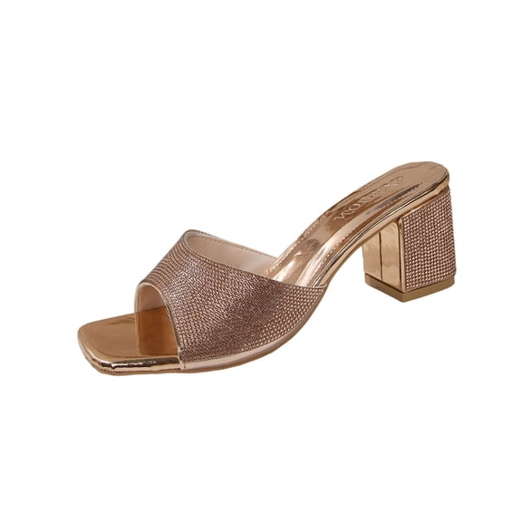 Xfvqtps Womens Glitter Mule Sandals Open Toe Block Heel Slide On Dress Sandals All Over Sparkle Party Shoes for Special Occasions