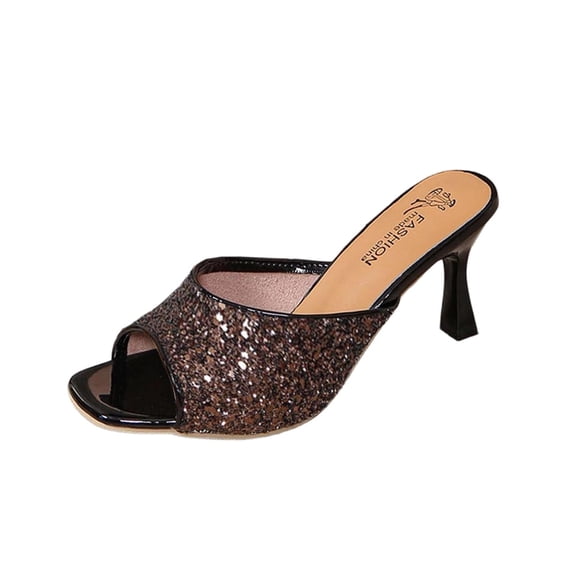Xfvqtps Womens Glitter Slide Heels Sparkly Open Toe Chunky Heel Sandals Party Night Out Evening Shoes Fashionable Block Heel Slippers for Special Events