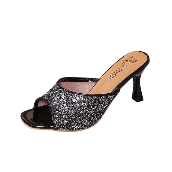 Xfvqtps Womens Glitter Slide Heels Sparkly Open Toe Chunky Heel Sandals Party Night Out Evening Shoes Fashionable Block Heel Slippers for Special Events