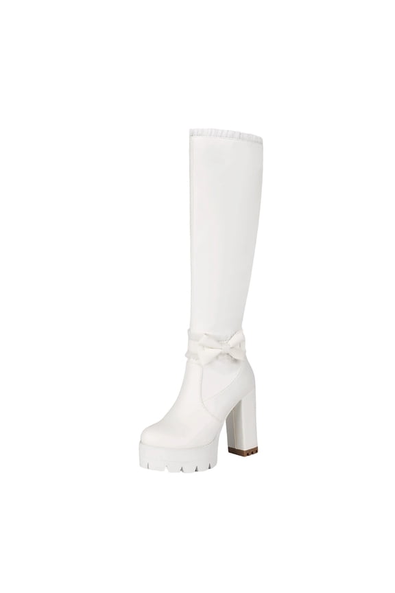 Womens Gothic Bow Decor Boots Chunky Heel Flatform Mid Calf Booties Lace up Ruffled Knight Boots Fashion Fall Winter White