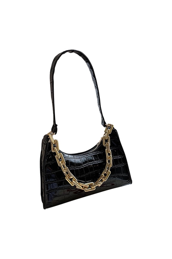 Womens Handbag Double Chain Metal Chain Stone Pattern Retro Style Texture Grace Leather Underarm Bag Black
