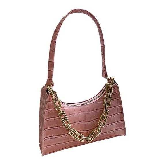 Xfvqtps Womens Handbag Double Chain Metal Chain Stone Pattern Retro Style Texture Grace Leather Underarm Bag Pink