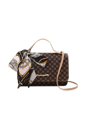 Womens Handbag Long Chain Chessboard Pattern Retro Style Sweet Texture Grace Leather Crossbody Bag Khaki