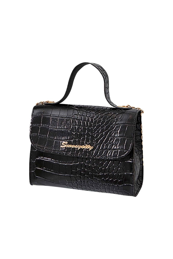 Womens Handbag Metal Chain Stone Pattern Retro Style Texture Grace Square Leather Crossbody Bag Black