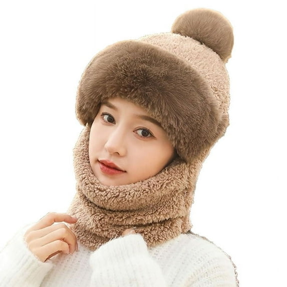 Xfvqtps Womens Hat Scarf Integrated Ear Protection Fuzzy Plush Pompom Solid Color Thickened Windproof Coldproof Warm Winter Cloche Hats Coffee