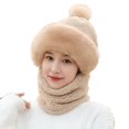 thumbnail image 1 of Xfvqtps Womens Hat Scarf Integrated Ear Protection Fuzzy Plush Pompom Solid Color Thickened Windproof Coldproof Warm Winter Cloche Hats Khaki, 1 of 4