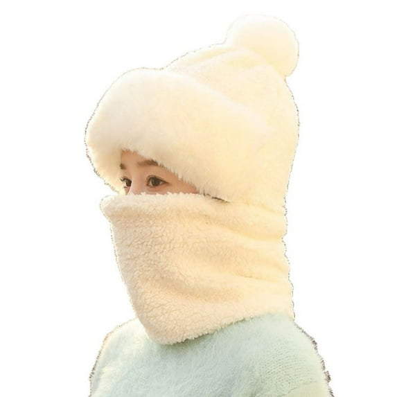 Xfvqtps Womens Hat Scarf Integrated Ear Protection Fuzzy Plush Pompom Solid Color Thickened Windproof Coldproof Warm Winter Cloche Hats White