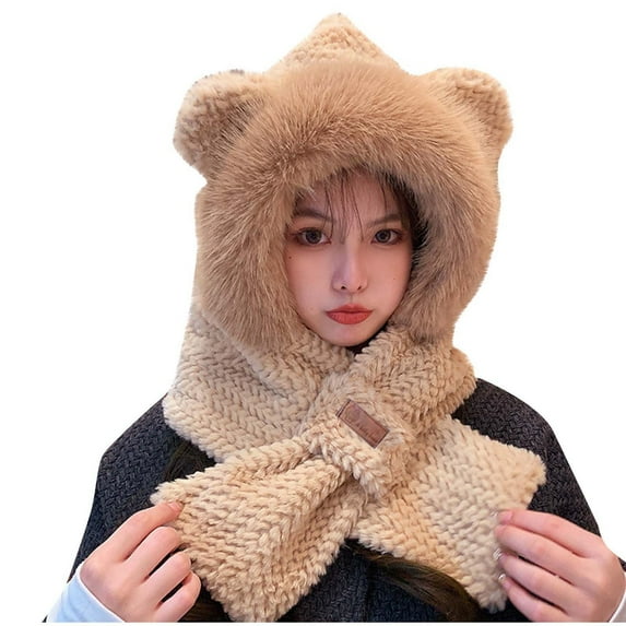 Xfvqtps Womens Hat Scarf Integrated Plush Brim Cute Ears Furry Thickened Windproof Coldproof Warm Outdoor Solid Color Simplicity Winter Hat Scarf Set Khaki