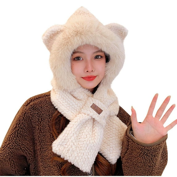 Xfvqtps Womens Hat Scarf Integrated Plush Brim Cute Ears Furry Thickened Windproof Coldproof Warm Outdoor Solid Color Simplicity Winter Hat Scarf Set Beige