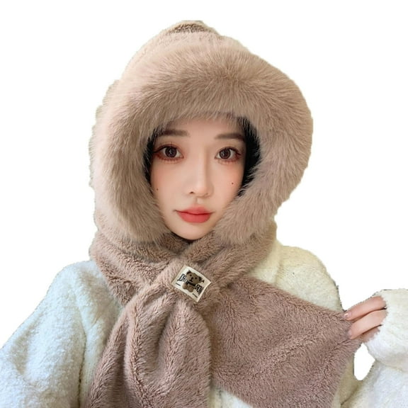 Xfvqtps Womens Hat Scarf Integrated Plush Furry Cute Bear Label Plush Brim Thickened Windproof Coldproof Warm Outdoor Cycling Winter Hat Scarf Set Khaki