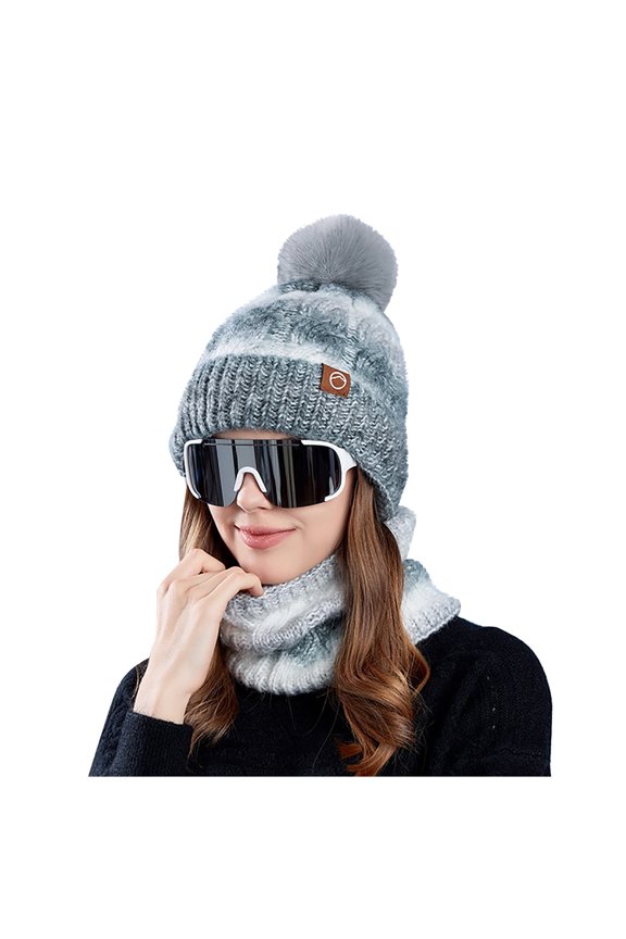Womens Hat Scarf Set Gradient Color Plush Pompom Knitting Stretch Warm Soft Thickened Windproof Coldproof Outdoor Winter Beanie Neck Scarf Set Gray