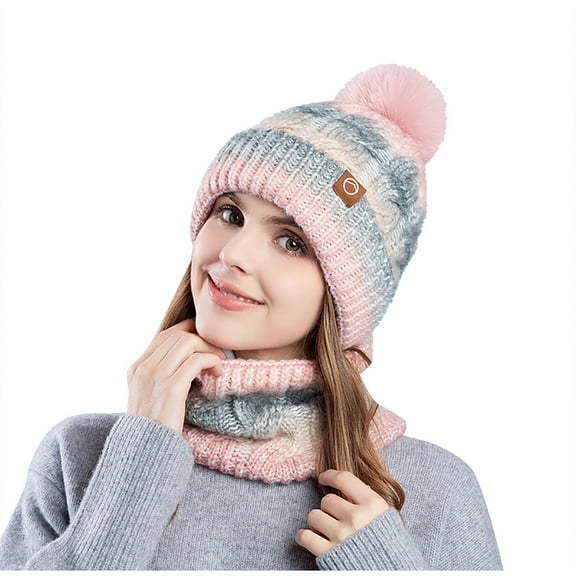 Xfvqtps Womens Hat Scarf Set Gradient Color Plush Pompom Knitting Stretch Warm Soft Thickened Windproof Coldproof Outdoor Winter Beanie Neck Scarf Set Pink