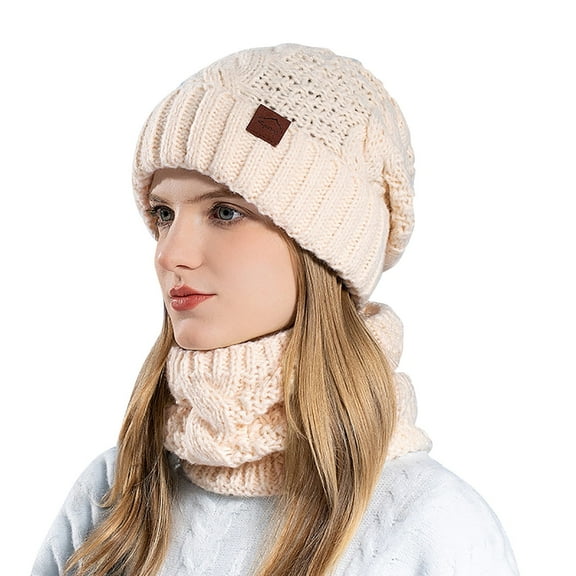 Xfvqtps Womens Hat Scarf Set Knit Solid Color Simplicity Fashion Thickened Stretch Windproof Coldproof Warm Soft Outdoor Winter Neck Warmer Slouchy Hat Beige