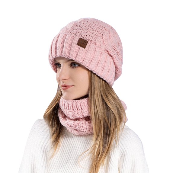 Xfvqtps Womens Hat Scarf Set Knit Solid Color Simplicity Fashion Thickened Stretch Windproof Coldproof Warm Soft Outdoor Winter Neck Warmer Slouchy Hat Pink