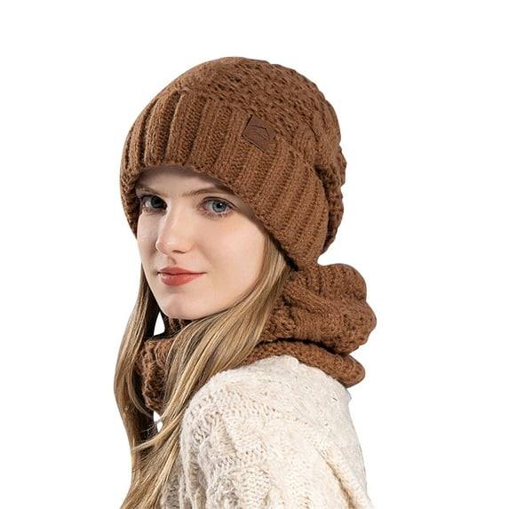 Xfvqtps Womens Hat Scarf Set Knit Solid Color Simplicity Fashion Thickened Stretch Windproof Coldproof Warm Soft Outdoor Winter Neck Warmer Slouchy Hat Brown