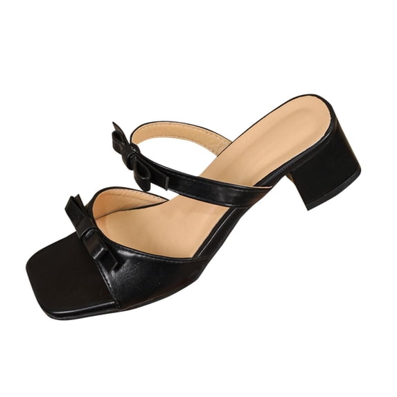 Xfvqtps Womens Heel Sandals with Bow Mid Block Heel Slip on Open Square Toe Shoes Leather Casual Sandals for Spring Summer Outfit