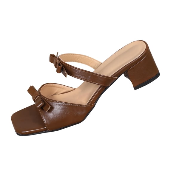 Xfvqtps Womens Heel Sandals with Bow Mid Block Heel Slip on Open Square Toe Shoes Leather Casual Sandals for Spring Summer Outfit