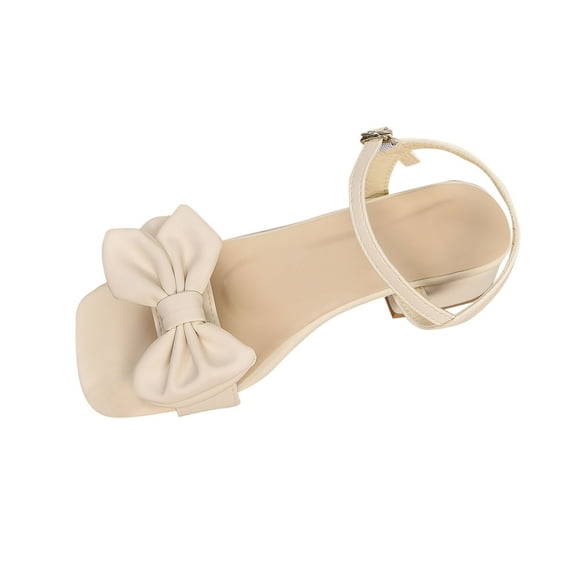 Xfvqtps Womens Heeled Sandals Adjustable Ankle Buckle Bow Open Square Toe Block Heel Summer Sandals Beige