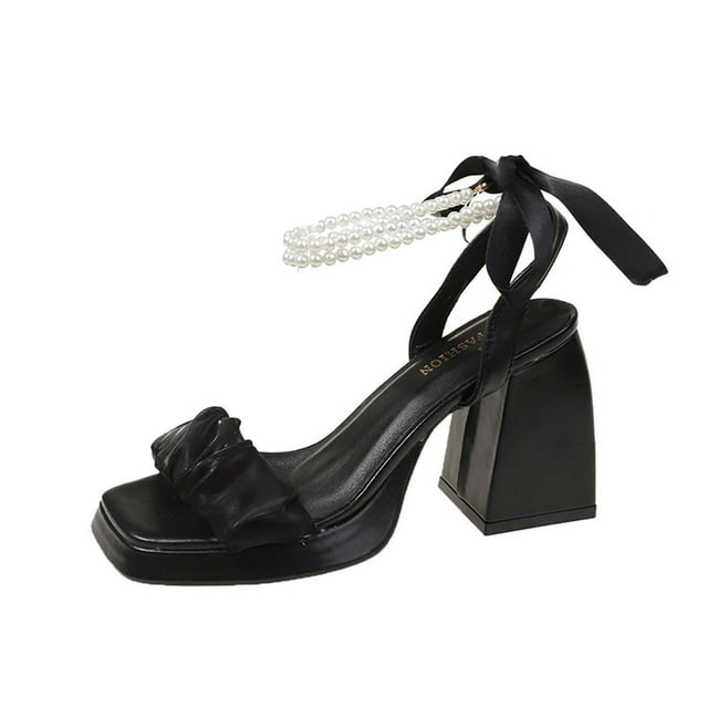 Xfvqtps Womens Heeled Sandals High Chunky Heels Platform Open Square Toe Ankle Pearl Strap Chiffon Lace Bow Non Slip Summer Party Dress Wedding Evening Pumps Shoes Black