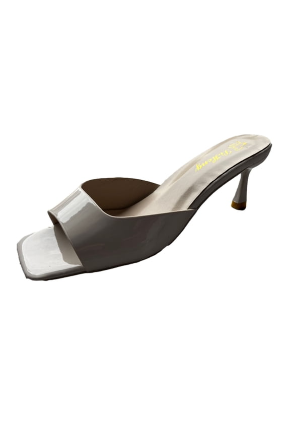 Womens Heeled Sandals High Kitten Heel Open Square Toe Solid Color Slide One Strap Backless Party Dresses Pumps Beige