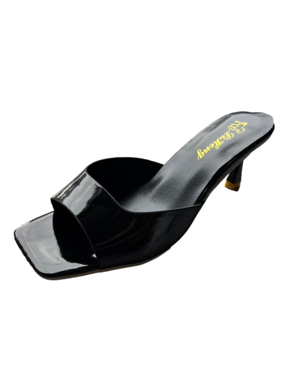 Womens Heeled Sandals High Kitten Heel Open Square Toe Solid Color Slide One Strap Backless Party Dresses Pumps Black