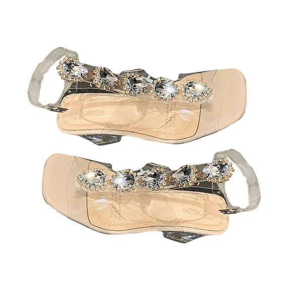 Xfvqtps Womens Heeled Sandals Mid Chunky Block Heels Rhinestone Transparent Straps Open Square Toe Ankle Adjustable Buckle Summer Party Dress Wedding Evening Pumps Shoes Khaki