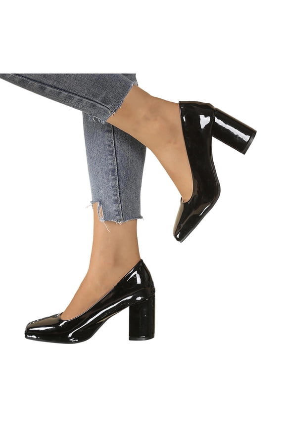 Womens Heeled Shoes Slip on Chunky Block Heel Square Toe Solid Color Spring Summer Comfortable Pumps